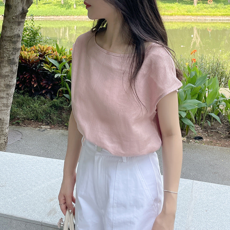 New fresh pure linen top, short round neck sleeveless slim-fitting simple daily versatile T-shirt casual outer wear women