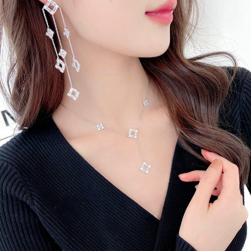 2025 New geometric square zircon inlaid long fringed earrings collarbone chain trendy light luxury high-end jewelry set