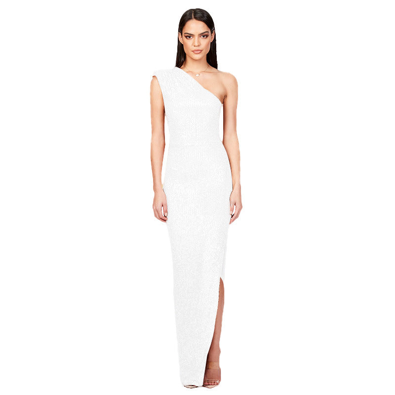 SIXSR 2025 Skirt summer women's clothing INS sleeveless one-shoulder split sequined long dress 2025 temperament dress women's wholesale