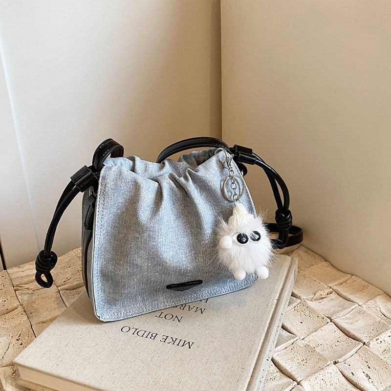 SIXSR 2025 Small bag women's popular new trendy pleated solid color shoulder messenger bag popular denim casual drawstring bucket bag