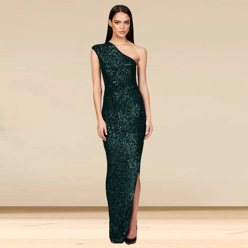 SIXSR 2025 Skirt summer women's clothing INS sleeveless one-shoulder split sequined long dress 2025 temperament dress women's wholesale