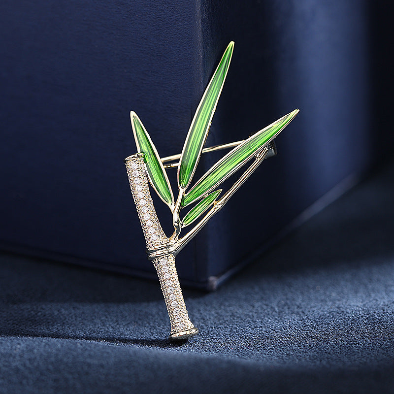 2025 National style retro temperament green bamboo brooch cheongsam dress with pin buckle zircon high bamboo corsage accessories