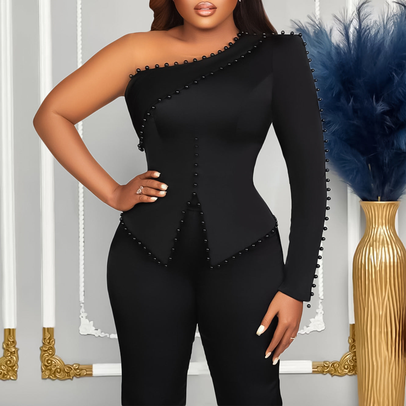 SIXSR D463 Popular trade women's clothing popular spring new slanted shoulder beads OL Tongle two-piece set large size 2025 set