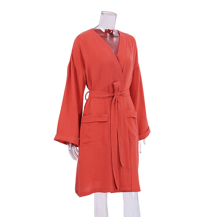 SIXSR 2025 Autumn long-sleeved nightgown cardigan double-layer gauze pajamas women's home loose sweat clothing wholesale hotel yukata