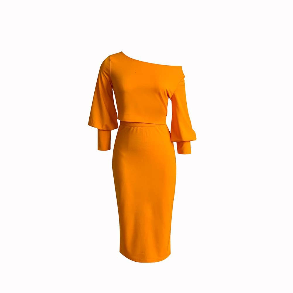 SIXSR D217 New supply solid color off-the-shoulder long-sleeved top, hip-wrapped high-waisted skirt set, 2025 two-piece set.