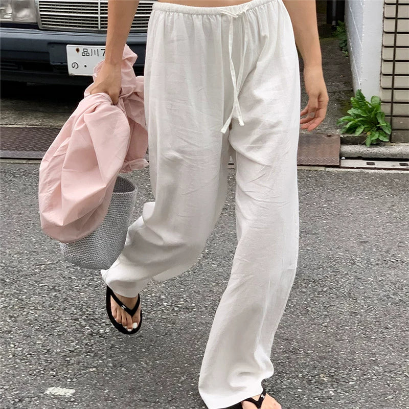 White linen pants children spring and summer old money loose elastic cotton and linen long pants loose casual straight pants