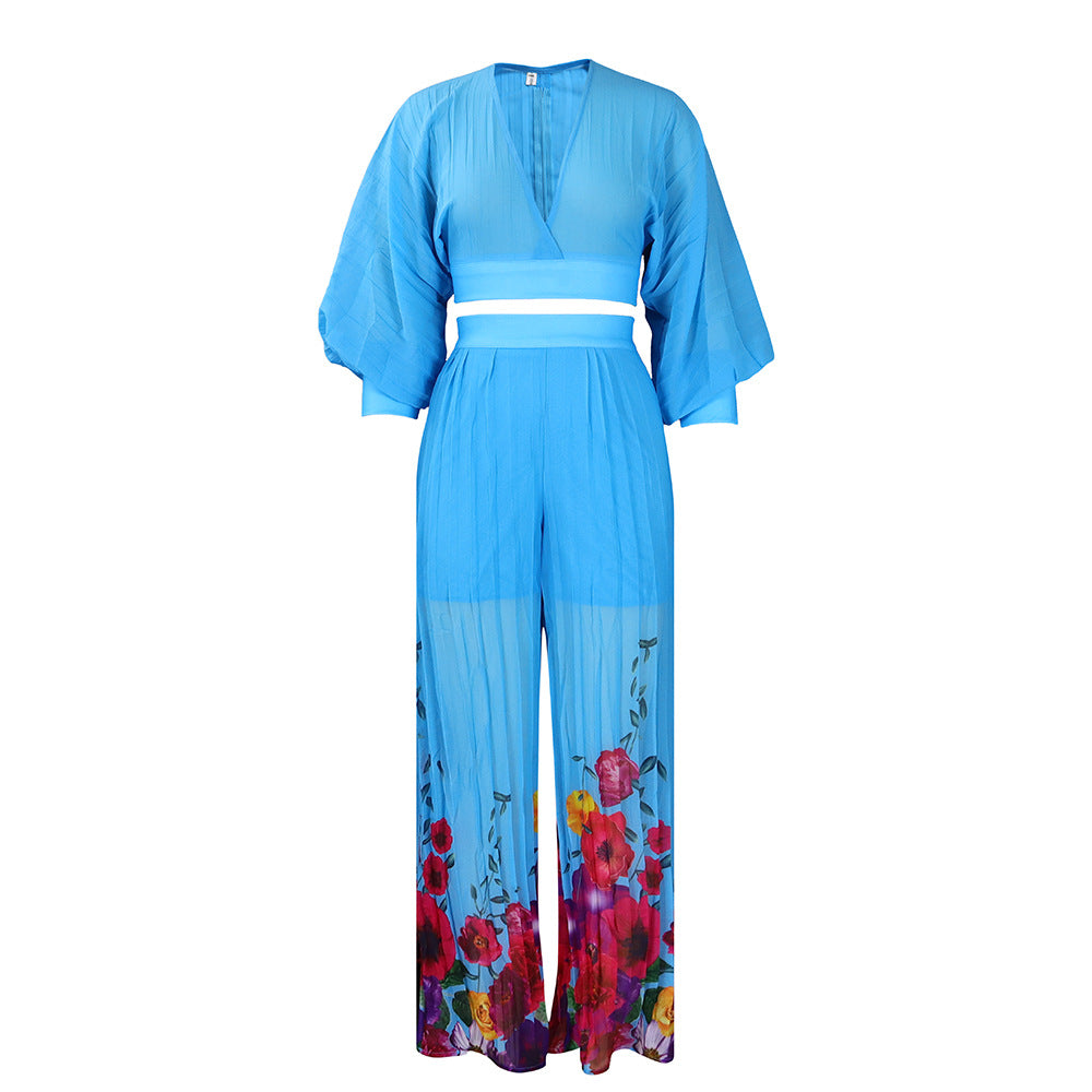 SIXSR D440 New Hot Trade Wholesale V-neck chiffon lantern sleeve top pleated wide-leg pants two-piece set 2025 suit
