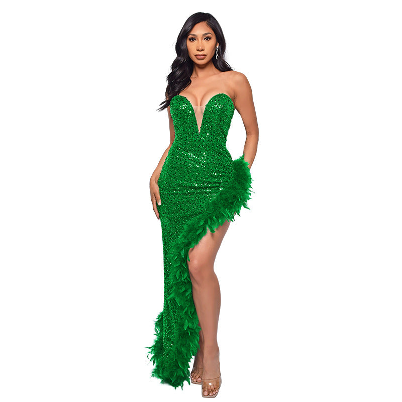 SIXSR 2025 2025 women's clothing New women's clothing new tube top sequined feather dress   dress wholesale women