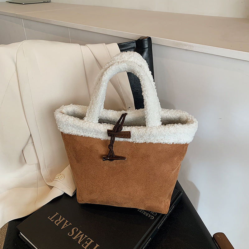 SIXSR 2025 Korean version of fashion suede shoulder bag popular new retro simple lamb wool handbag popular bucket bag women
