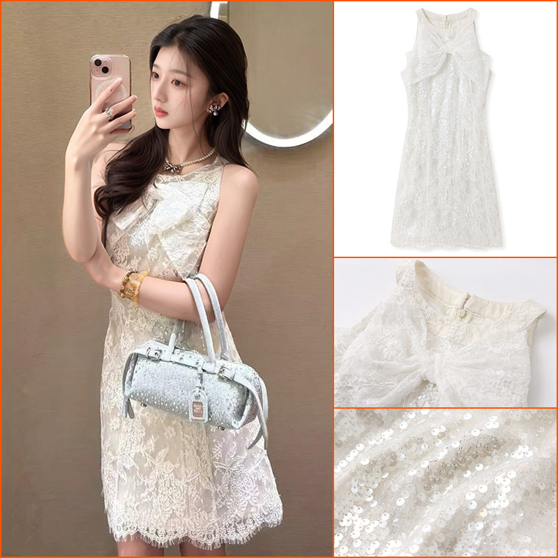 romantic lace mesh slim fit beautiful dress women's 2025 summer bow light luxury dress N3058