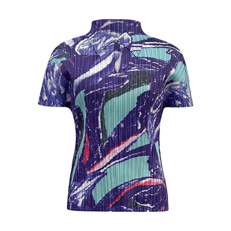 summer new flower suit women's POLO neck short-sleeved top straight print skirt two-piece set women