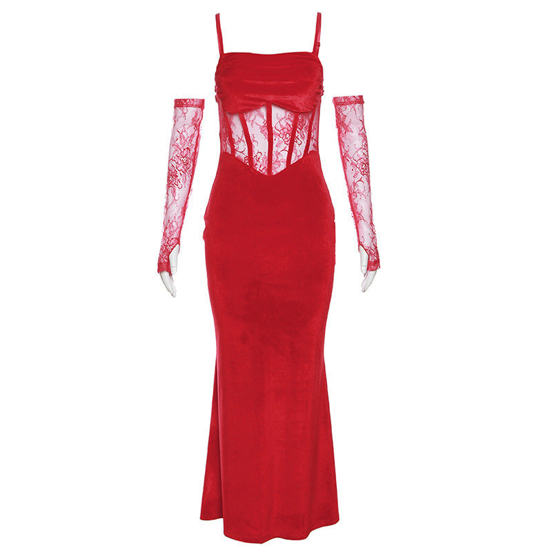 2025 style popular winter new women's clothing solid color hollow lace suspender hip dress dress sleeve set