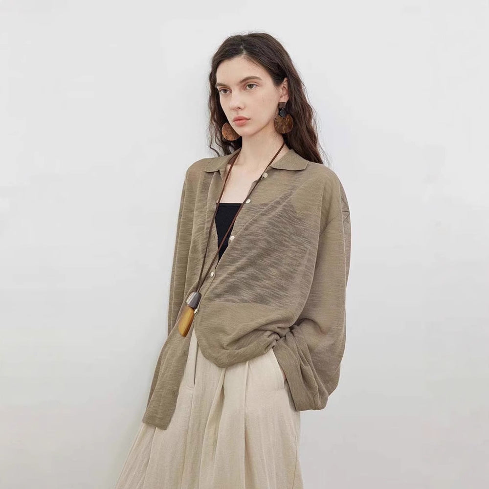 Siyuan, super cool bamboo knuckle hemp texture yarn + simple POLO collar lazy wind silhouette sunscreen shirt women 9018