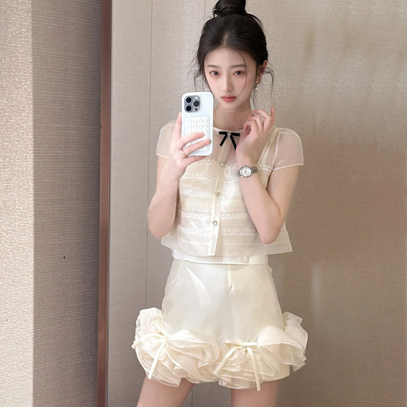 Summer 2025 New Temperament Fashion Diamond-encrusted Short Top High Waist Splicing Skirt Two-piece Set Women's N3044