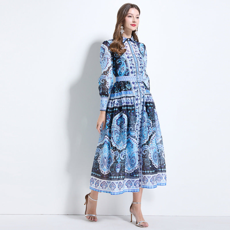 Popular, , Express, New printed dress, women's waist and thin temperament pleated pendulum holiday dress