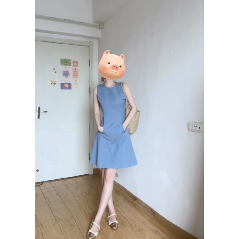 2025 summer new waist round neck dress women's commuting simple temperament slim and thin casual skirt