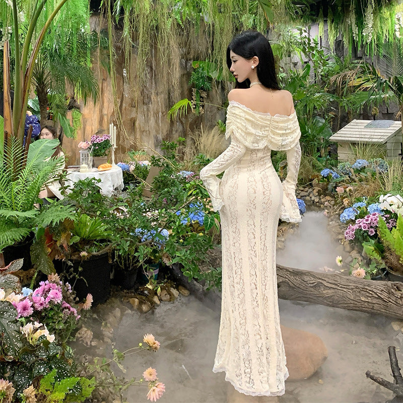 2025 temperament gentle one-word shoulder lace dress dinner party tube top dress waist hip trailing dress