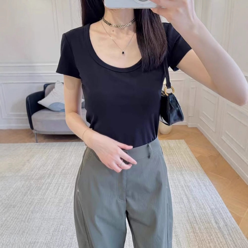 Siyuan 25 early spring simple commuting daily front shoulder five-color simple large u-neck short-sleeved T-shirt women's 8982