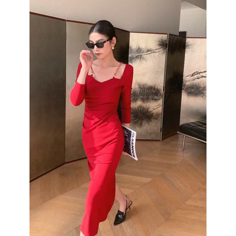 2025 Red long-sleeved square-neck dress for women's autumn spring new slim-fitting and thin hip-wrapped long skirt for women