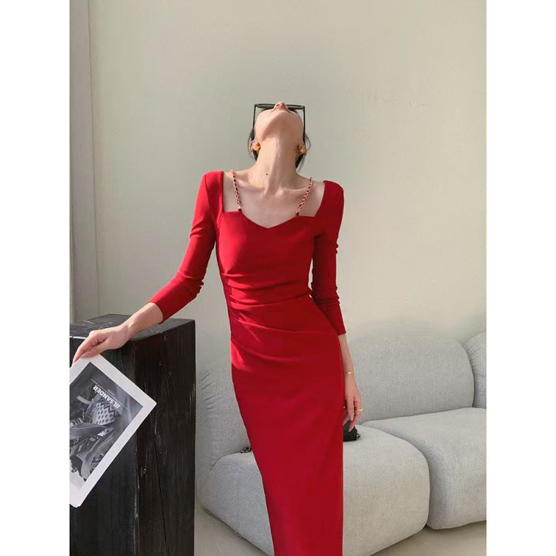 2025 Red long-sleeved square-neck dress for women's autumn spring new slim-fitting and thin hip-wrapped long skirt for women