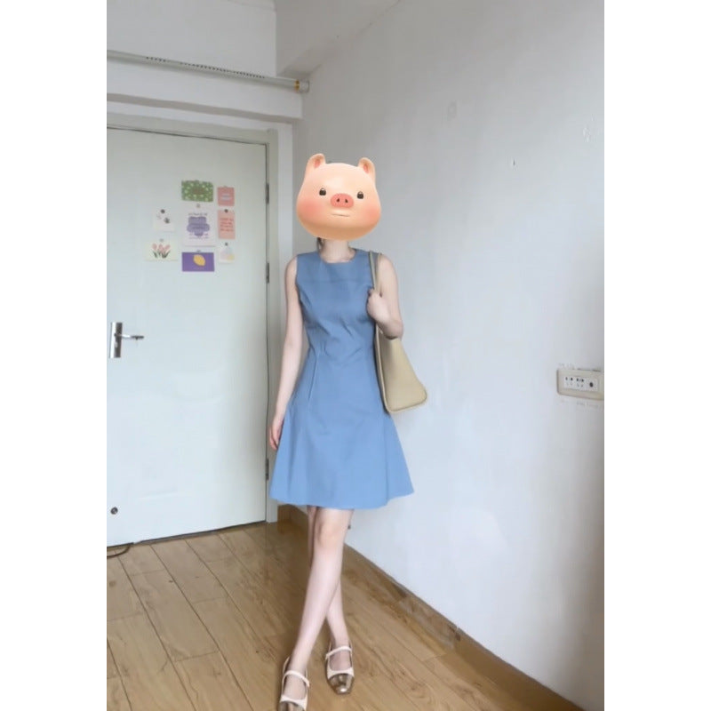 2025 summer new waist round neck dress women's commuting simple temperament slim and thin casual skirt