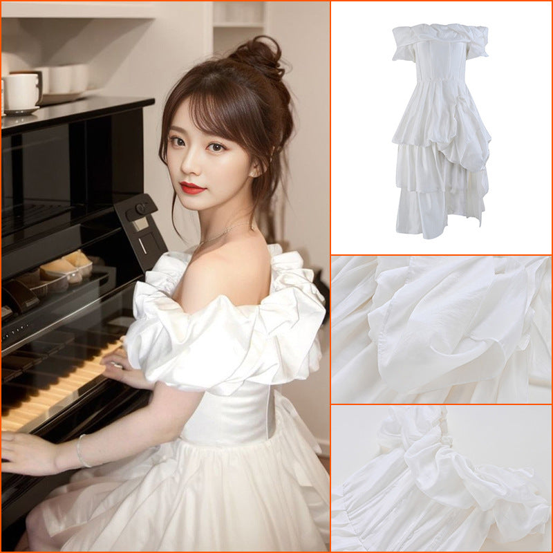 2025 new dress small fresh medium and long bubble sleeves irregular temperament fairy dress Lpopular