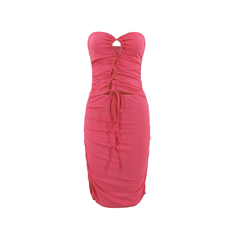 VZYZV 2025 style sexy babes women's clothing ins hollow straps pleated dress ur one-word shoulder backless bm women's clothing