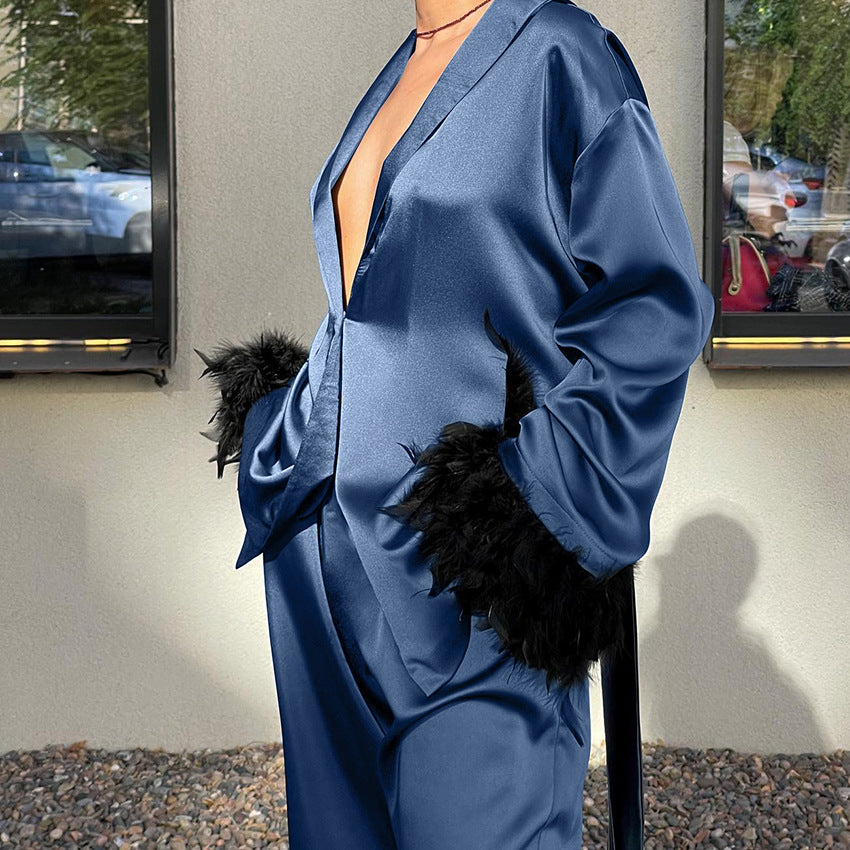 SIXSR 2025 spring satin premium pajamas long-sleeved feather cardigan trousers two-piece set loose loungewear women