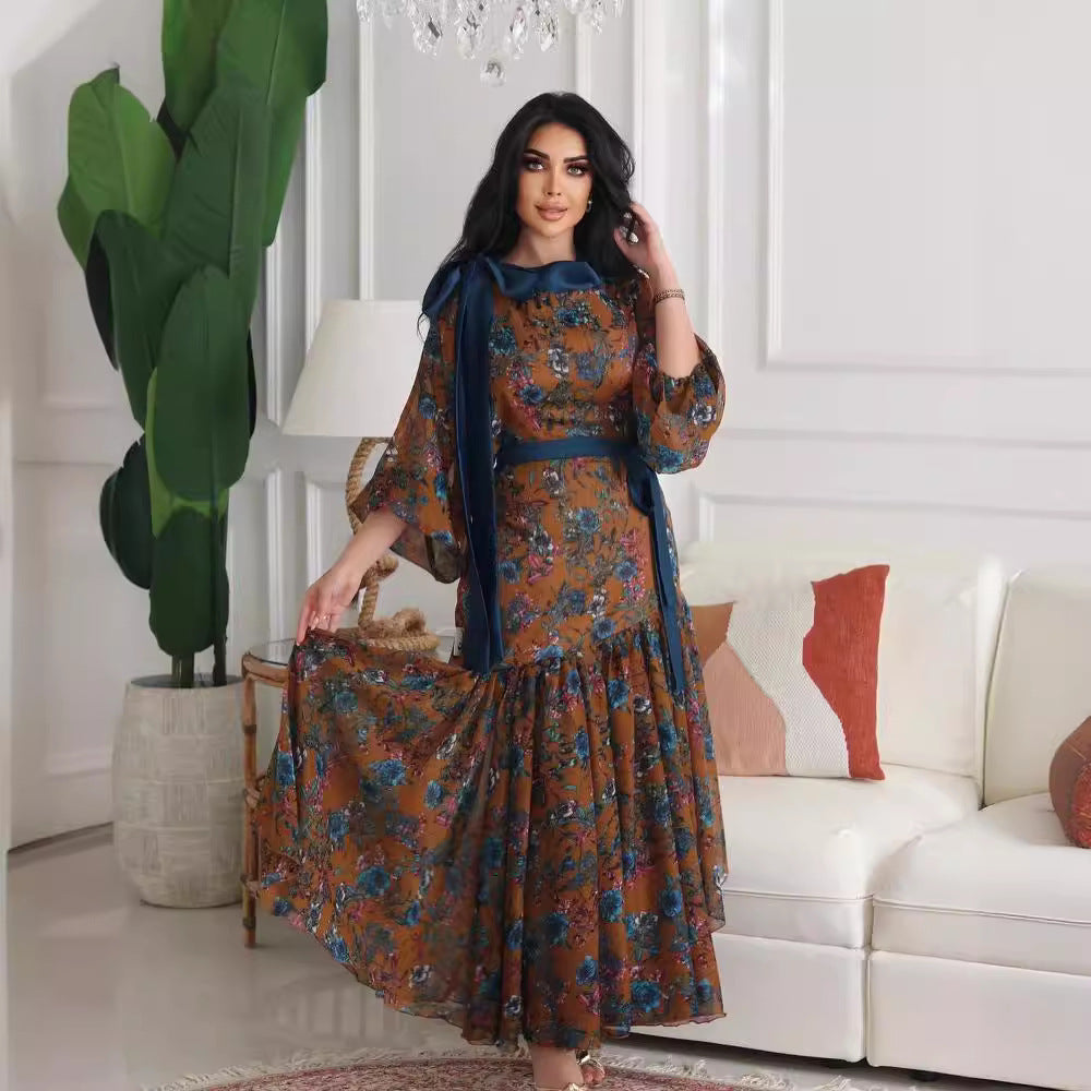 2025 popular spring and summer New Popular trade women's clothing independent station ebay sexy chiffon printing pendulum belt ball evening dress