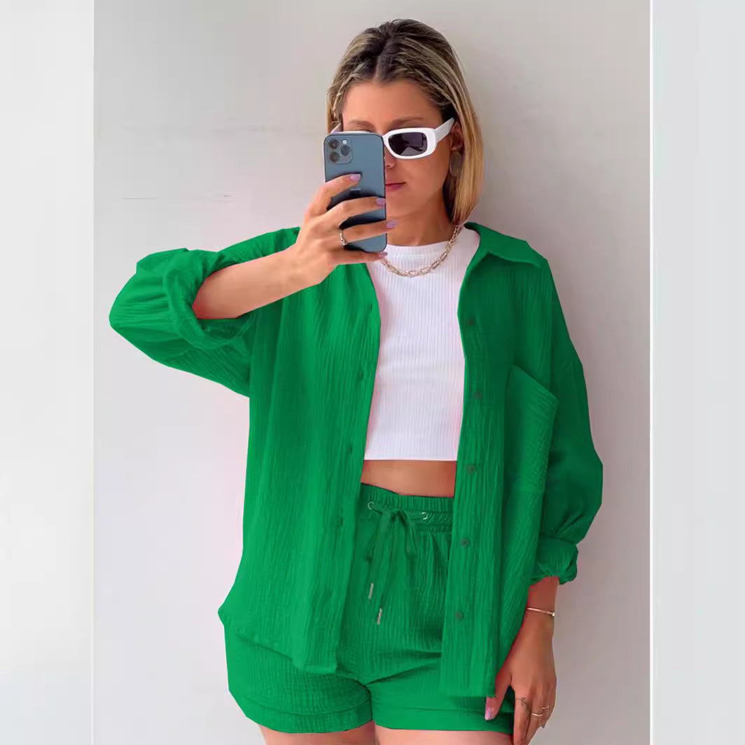 SIXSR T107 2025 women's clothing, two-piece set of wrinkled cloth lapel collar long-sleeved shirt high waist drawstring shorts