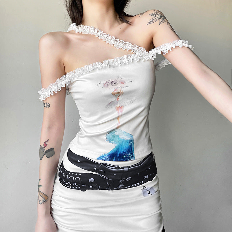 2025 style popular winter new women's clothing fashion cartoon printed off-shoulder top base solid color skirt