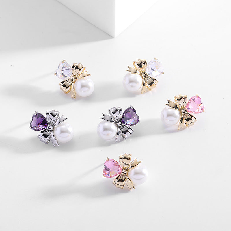 2025 Simple and versatile temperament sweet girl heart earrings s925 silver needle earrings trendy love pearl bow earrings