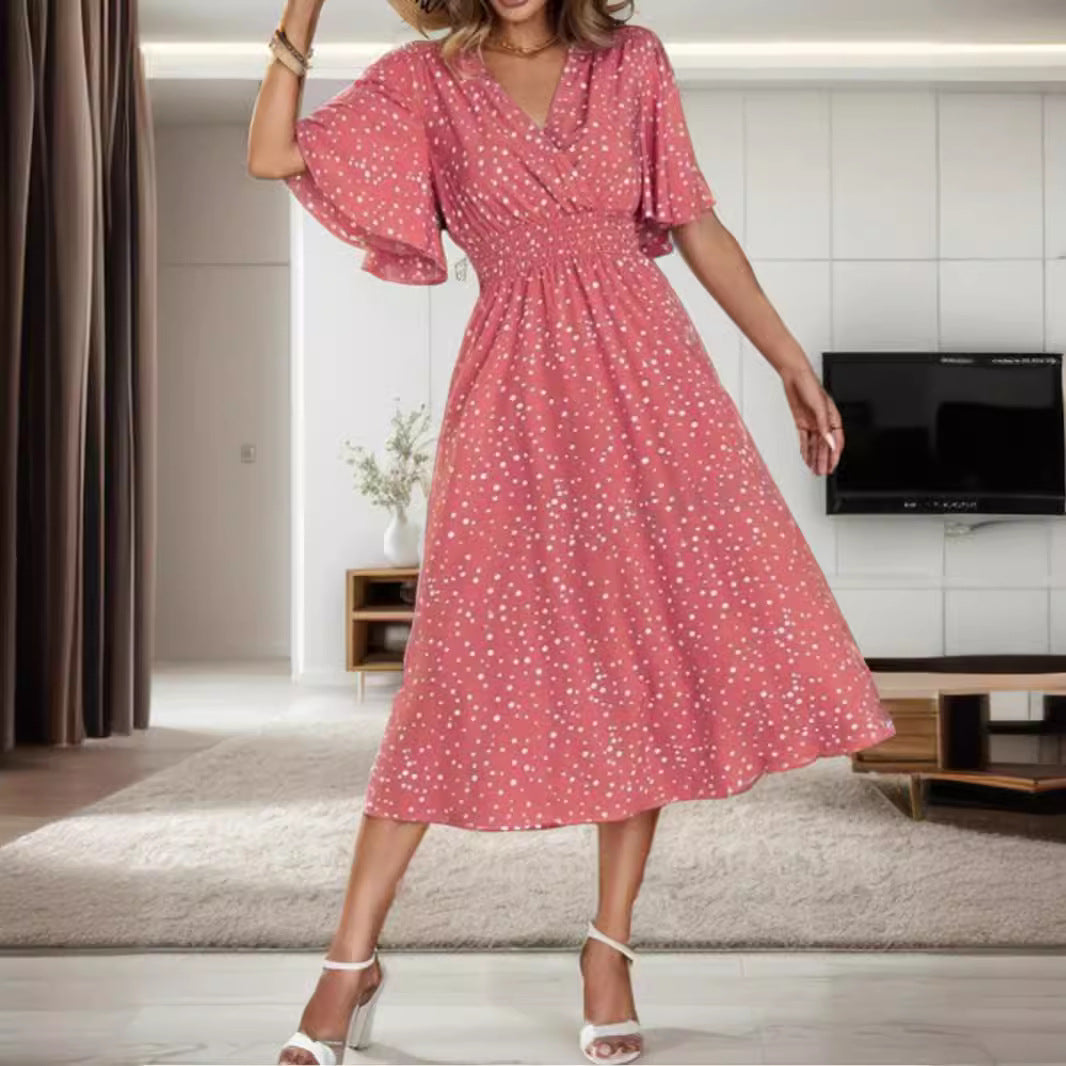 popular 2025 New Popular trade women's clothing independent station polka dot printing V-neck short-sleeved dress