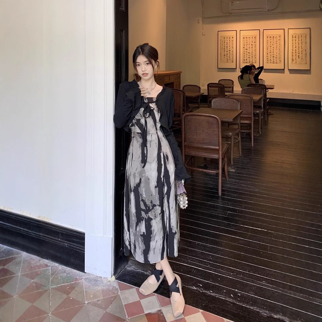 2025 New Chinese suit long dress new high-end ink painting suspender dress children's spring and autumn clothes