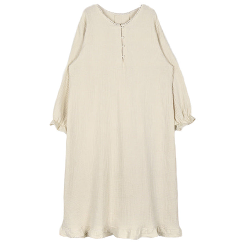 Gentle and lazy ins style, new cotton crepe long dress, sweet girl loose simple pajama dress
