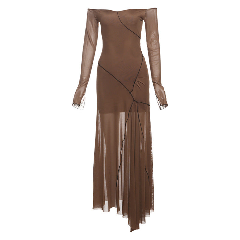 2025 style 2025 spring new women's clothing retro style one-word collar perspective mesh solid color long dress dress