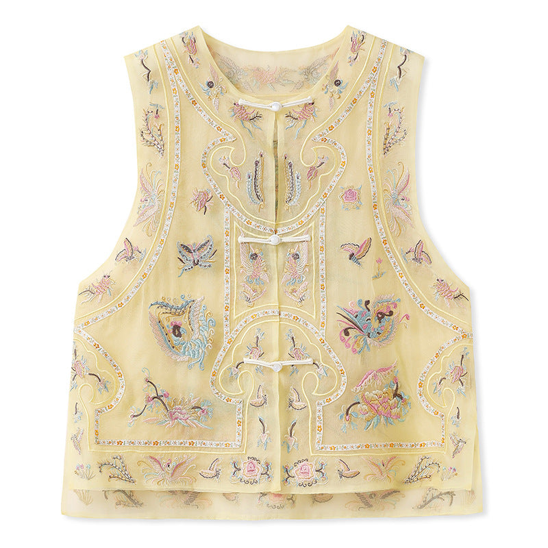 Guofeng retro buckle jacquard embroidered vest 2025 new unique design mulberry silk round neck vest N2022
