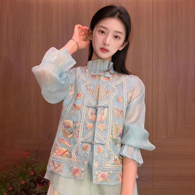 Guofeng retro buckle jacquard embroidered vest 2025 new unique design mulberry silk round neck vest N2022