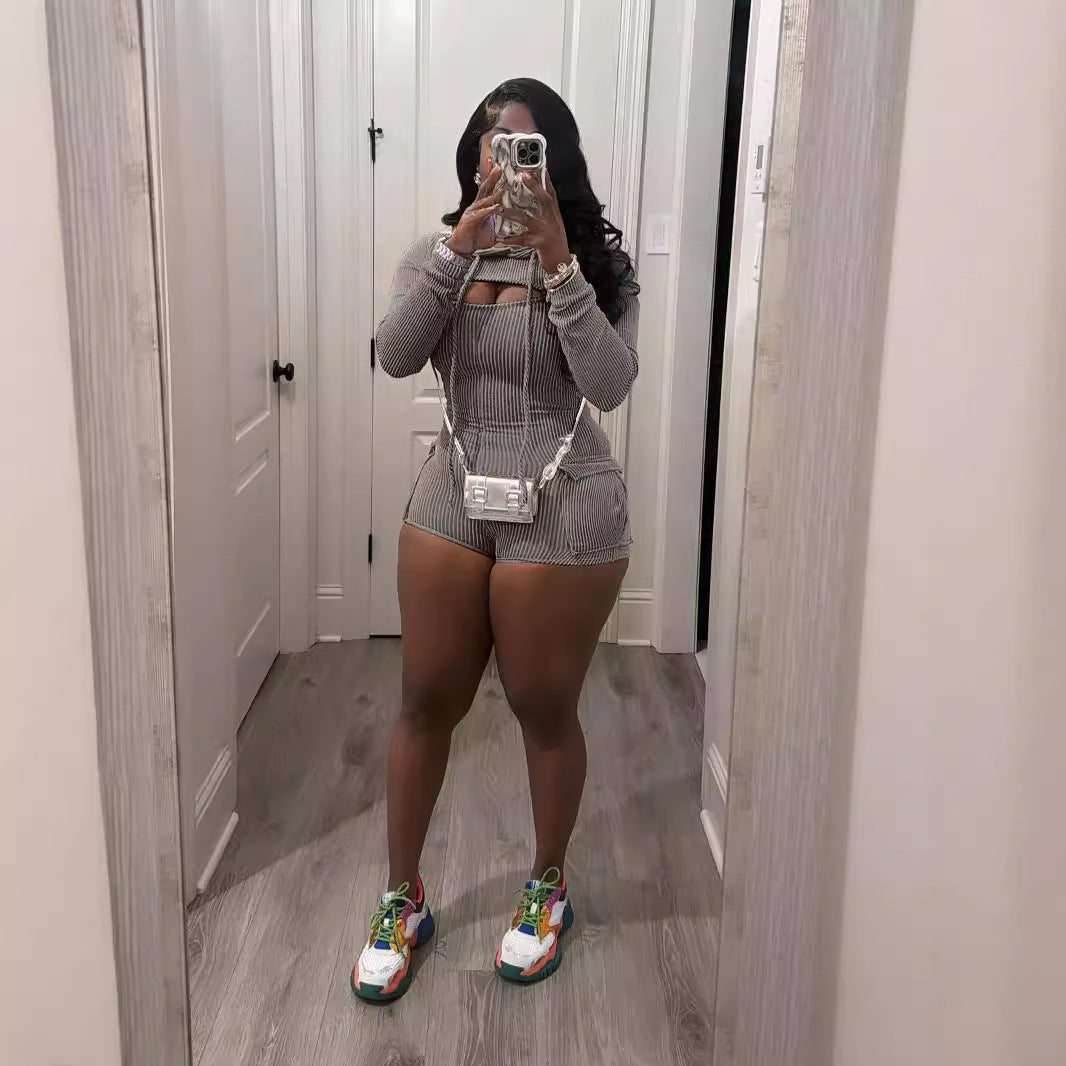 SIXSR T021 Europe, America, spring and summer two wear women's one-piece shorts two-piece fashion super short long-sleeved