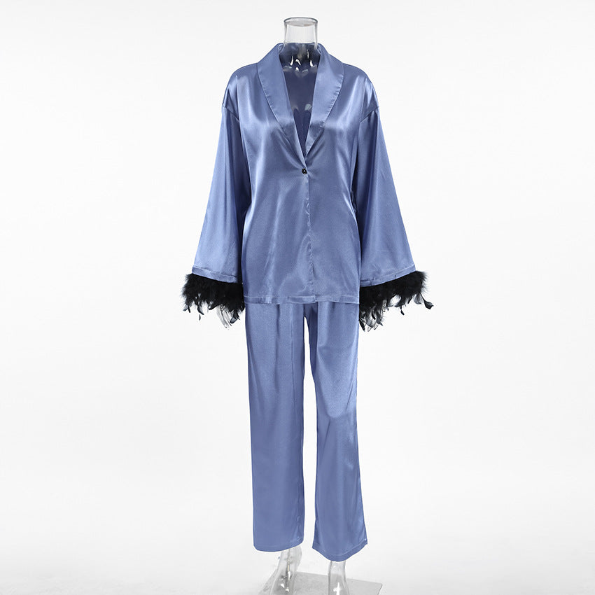 SIXSR 2025 spring satin premium pajamas long-sleeved feather cardigan trousers two-piece set loose loungewear women