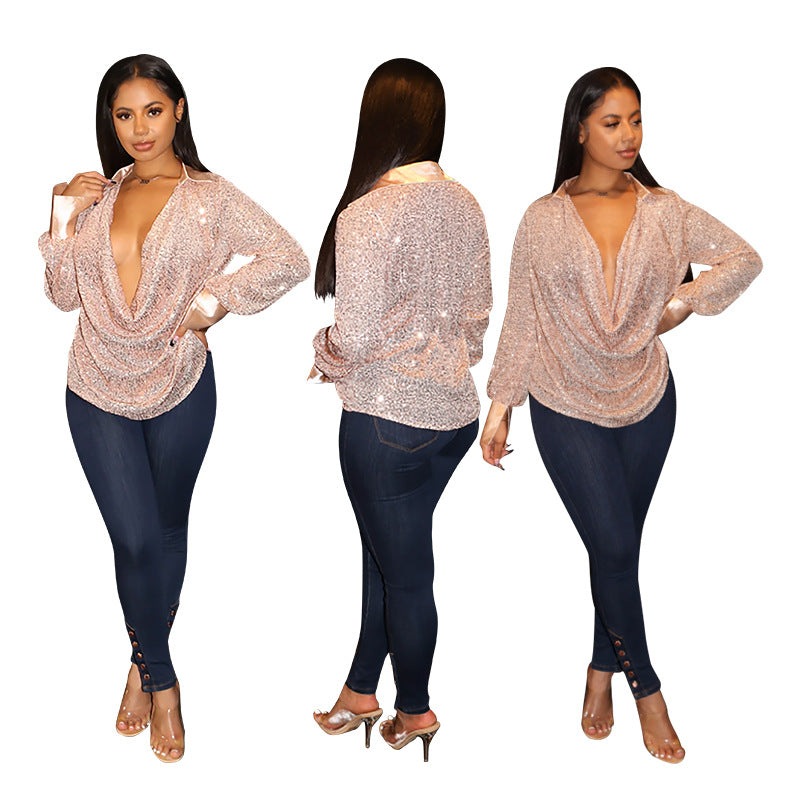 SIXSR INS 2025 New women's clothing deep V-fold loose women's shirt temperament sequined long-sleeved shirt wholesale