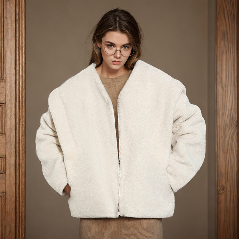 SIXSR D24TP430 2025 women's clothing autumn and winter new solid color casual round neck zipper splicing long sleeve lamb wool jacket women