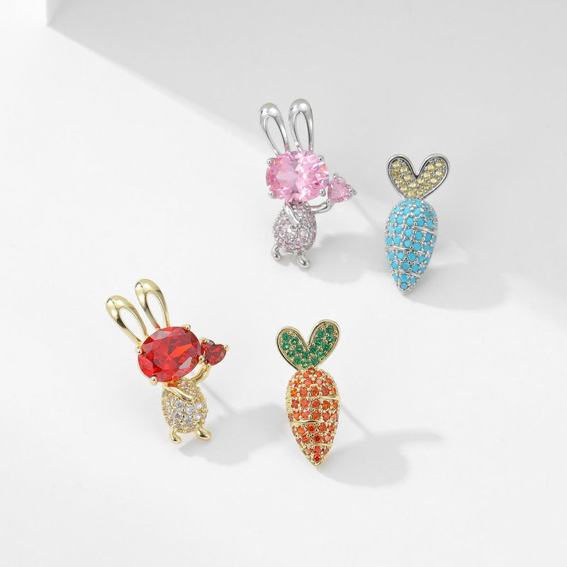 2025 S925 silver needle rabbit year natal year earrings sweet fresh temperament asymmetrical cute carrot bunny stud earrings