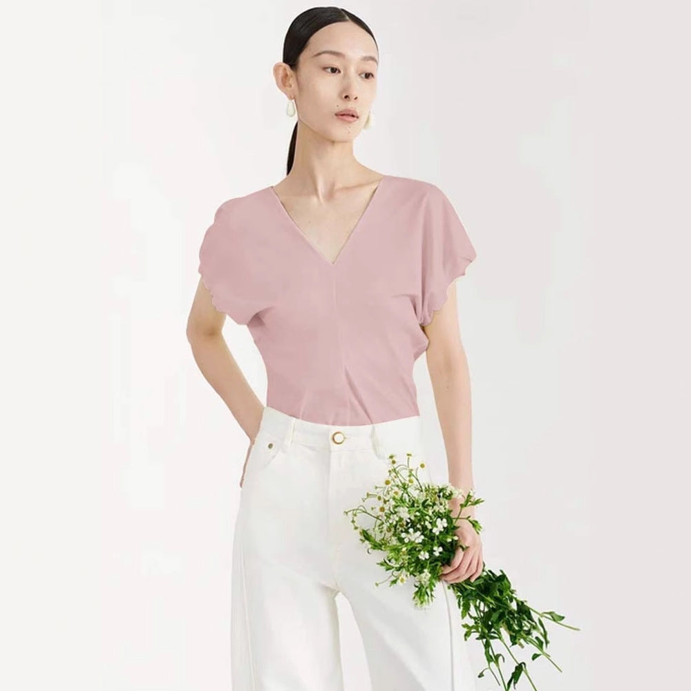 Siyuan, high-definition stand-up cut V-neck handmade bud sleeve T-shirt long-staple cotton women's design short-sleeved top women's 7043