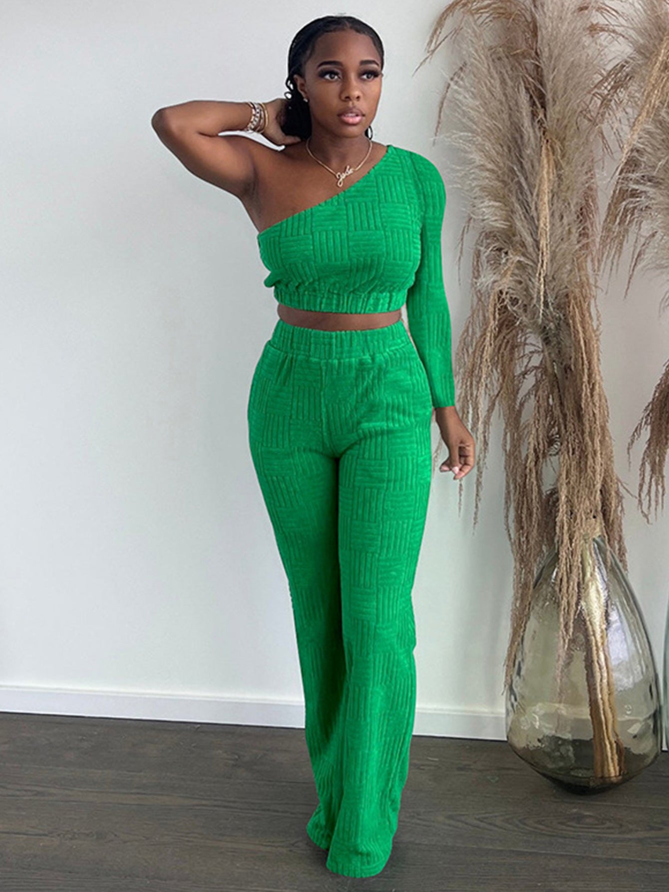 SIXSR T116 2025 hot-selling women's clothing new towel jacquard solid color oblique shoulder long-sleeved trousers set
