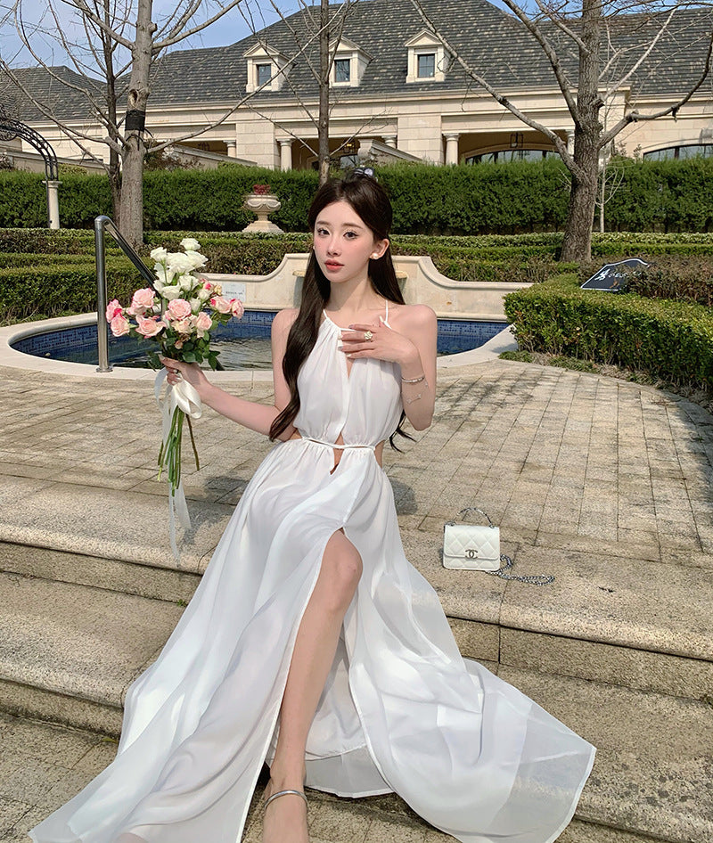 2025 Thailand Sanya travel photo beach dress seaside vacation dress pure desire sexy hollow white suspender dress