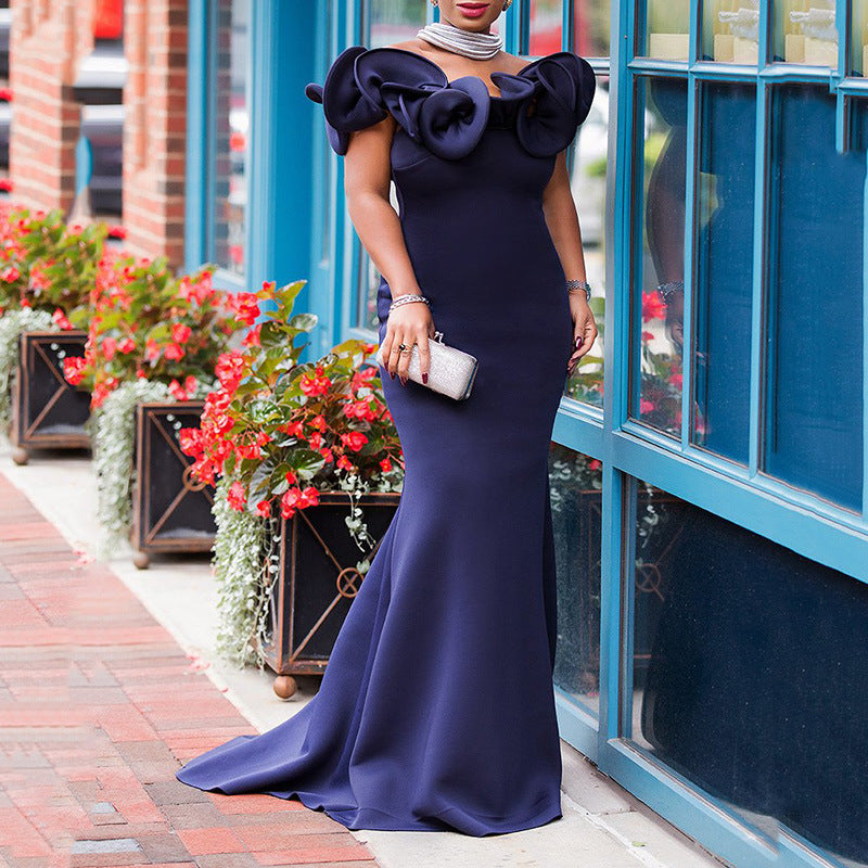 Popular trade large-size women's clothing wrapped body one-word shoulder long dress bridesmaids light dress banquet small dress women