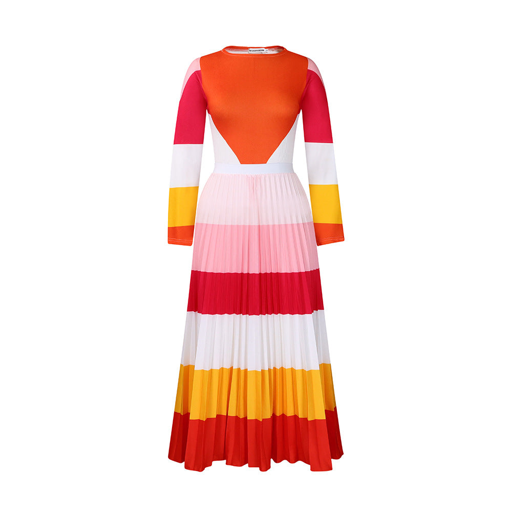 SIXSR D420 autumn pleated print contrasting suit long-sleeved top fashion skirt 2025 two-piece set