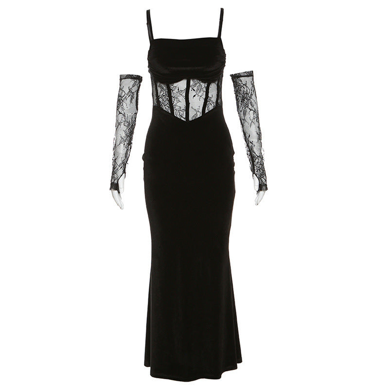 2025 style popular winter new women's clothing solid color hollow lace suspender hip dress dress sleeve set