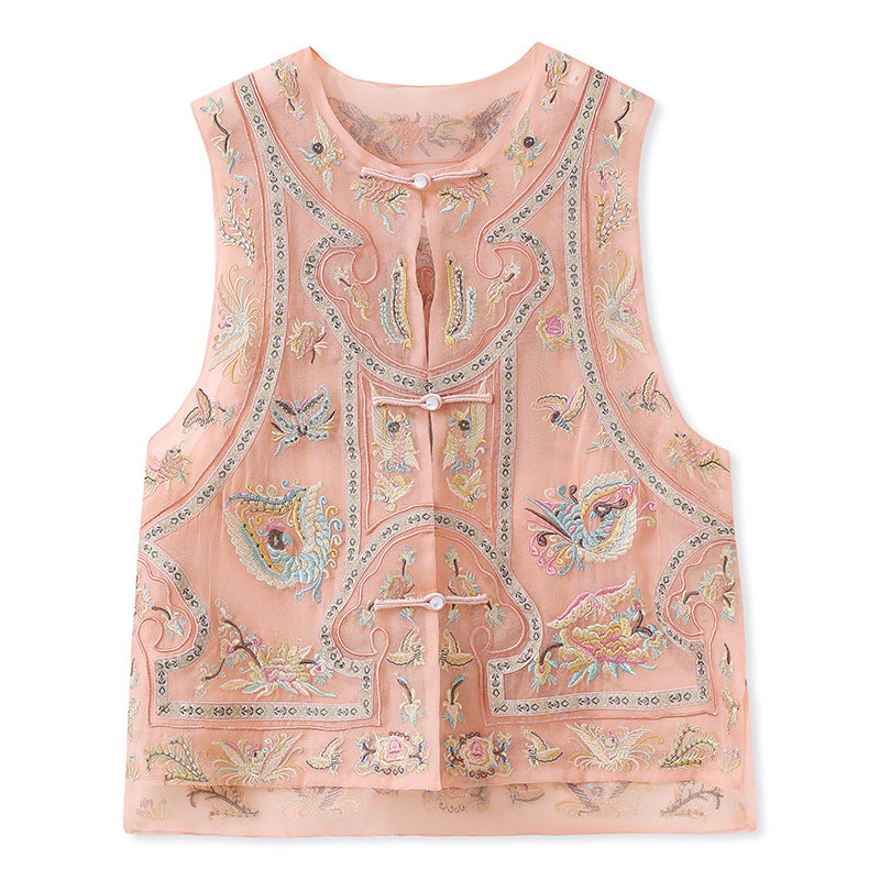 Guofeng retro buckle jacquard embroidered vest 2025 new unique design mulberry silk round neck vest N2022